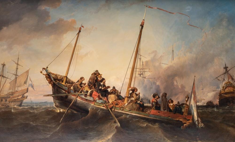 Eugène Lepoittevin comparable auction result: eug ne lepoittevin 1806 1870 the dutch retreat after a 17thc naval battle 1843 oil on canvas 108 x 175 cm 42 5 x 68 9 in frame 124 x 190 cm 48 8 x 74 8 in