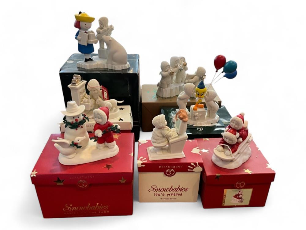 (7) Department 56 Snowbabies Bisque Porcelain Figurines sold by Apple Tree Auction Center, lot 139 — auction record photograph