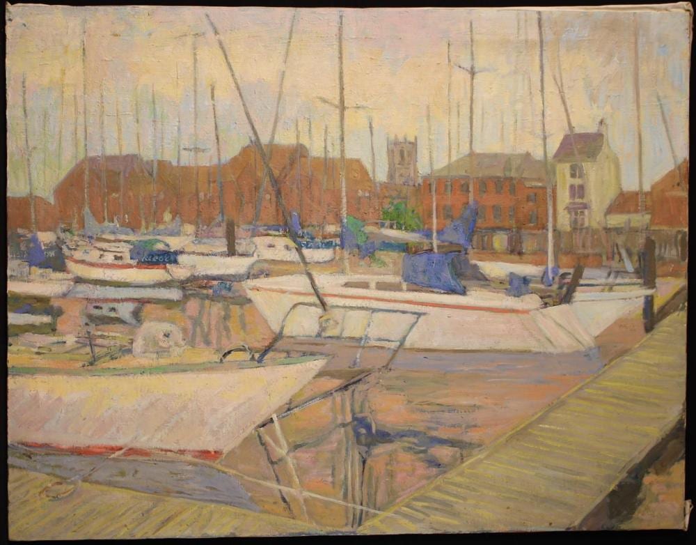 Simon (1913) Goldberg comparable auction result: simon goldberg 1916 2002 three unframed oil paintings oil on canvas boats in harbour 23 x 3