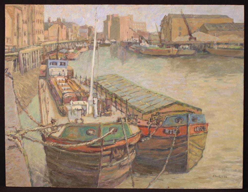 Simon (1913) Goldberg comparable auction result: simon goldberg 1916 2002 three oil paintings of barges oil on board shipping on the river hull