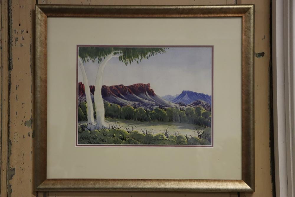 Enos Namatjira comparable auction result: enos namatjira 1920 1966 australian outback scene watercolour approx 25cm x 35cm