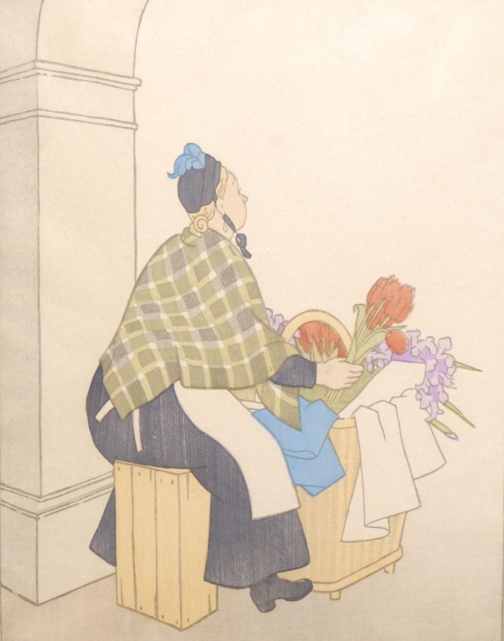 Meryl Watts comparable auction result: meryl watts 1910 1992 flower woman signed titled colour woodcut 29cm x 23cm