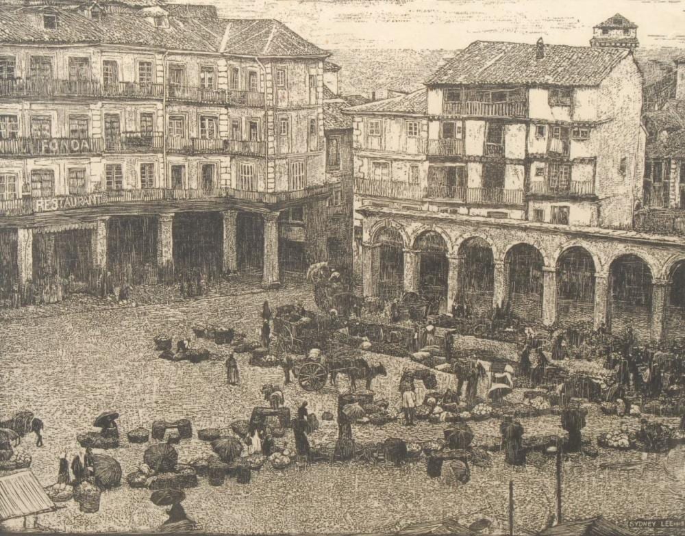 Sydney Lee comparable auction result: sydney lee 1866 1949 wet morning on segovia market signed dated 1908 zinc etching 42cm x 49cm