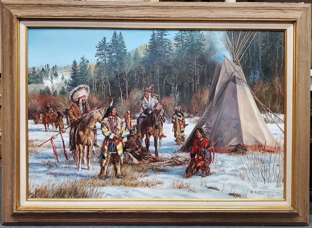 Hubert Wackermann comparable auction result: hubert wackermann signed original native american midwestern landscape atsina council large oil painting hess fine art