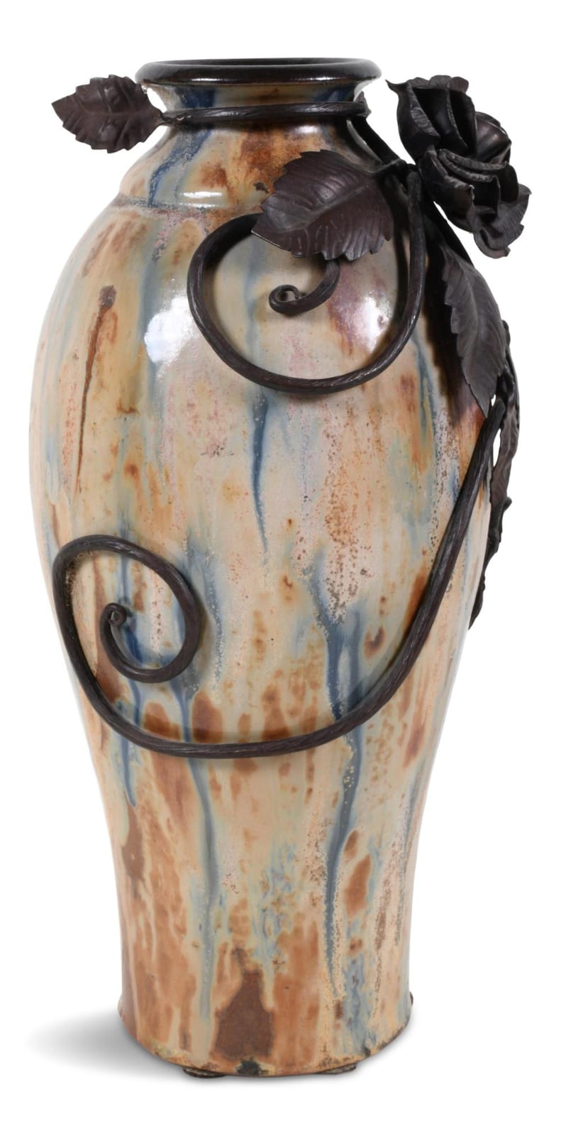 roger guerin belgian 1896 1954 glazed pottery vase with a wrought iron rose with leaves and scrolling stem height 14 1 4 in 36 2 cm · Potomack Company · 2024-10-07 Roger Guerin comparable auction result: roger guerin belgian 1896 1954 glazed pottery vase with a wrought iron rose with leaves and scrolling stem height 14 1 4 in 36 2 cm
