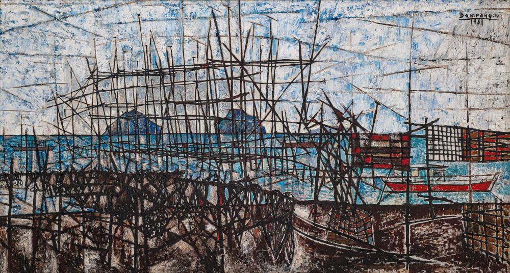 Damrong Wong-Uparaj comparable auction result: damrong wong uparaj 1936 2002 shore scene with boats rocks and scaffold