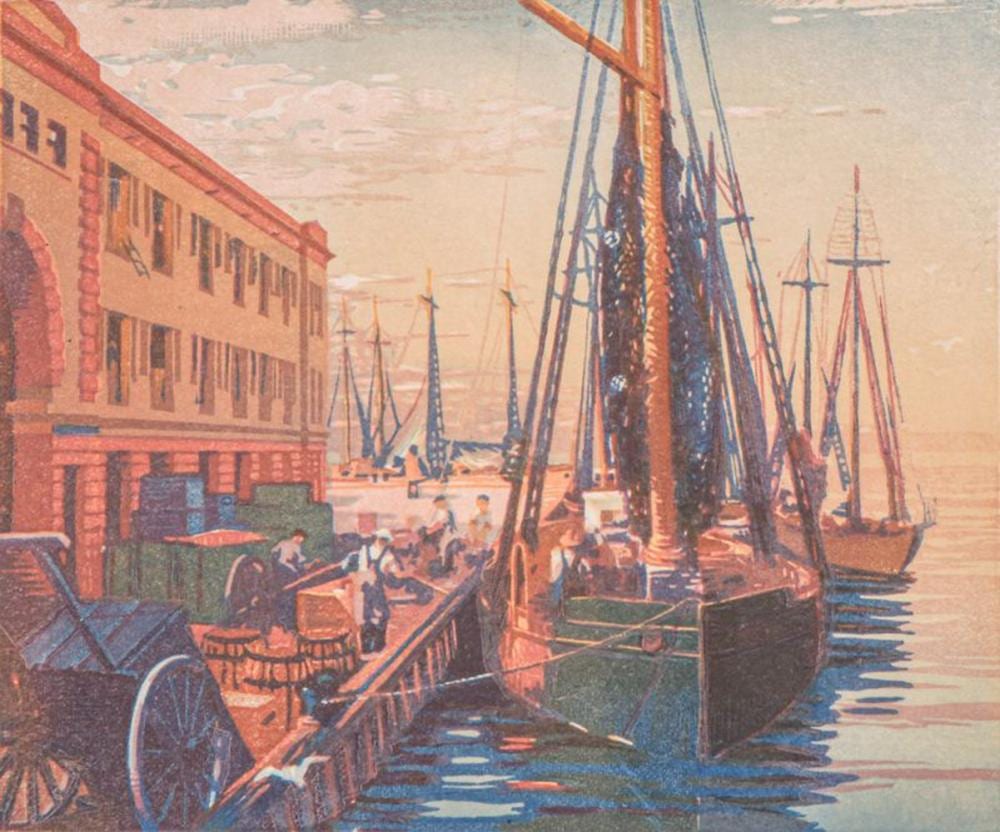 Louis Novak comparable auction result: louis novak 1903 1983 color woodcut fish pier boston c1940