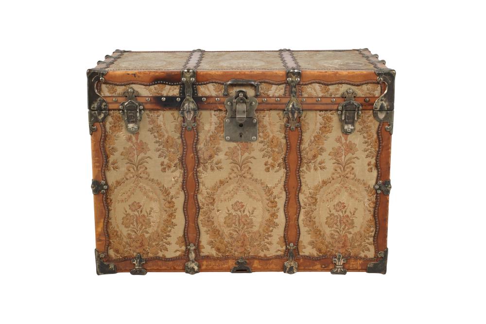 A Drucker Brocade and Leather-Clad Steamer Trunk sold by Abell Auction, lot 191 — auction record photograph