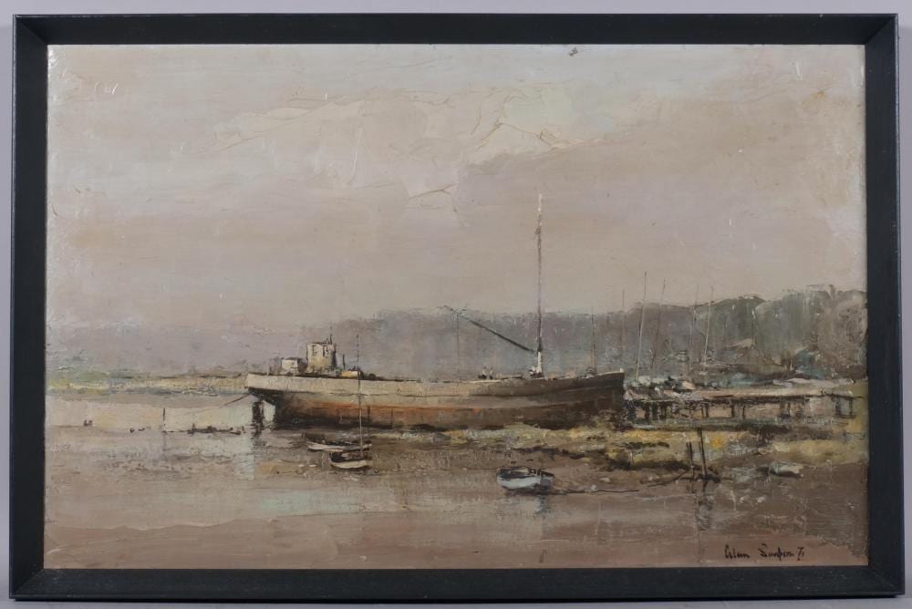 Alan Simpson comparable auction result: alan simpson cargo boat at low tide oil on canva