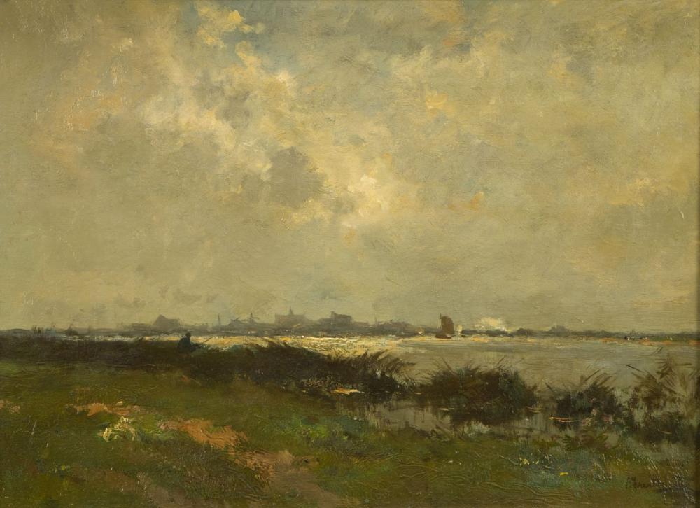 Arend Jan van Driesten comparable auction result: arend jan van driesten 1878 1969 gezicht op leiden vanaf de zijl met visser in de rietkraag