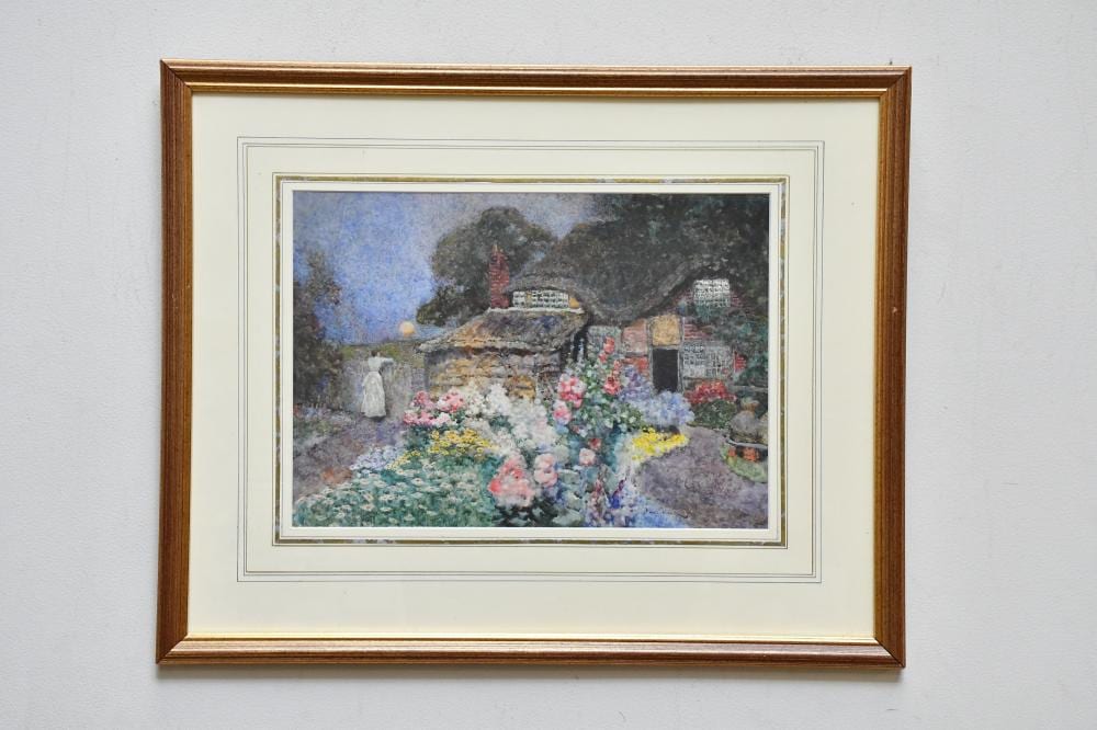 David Woodlock comparable auction result: david woodlock 1842 1929 watercolour figure in garden scene betside thatched cottage signed 24 x 35cm framed and glazed