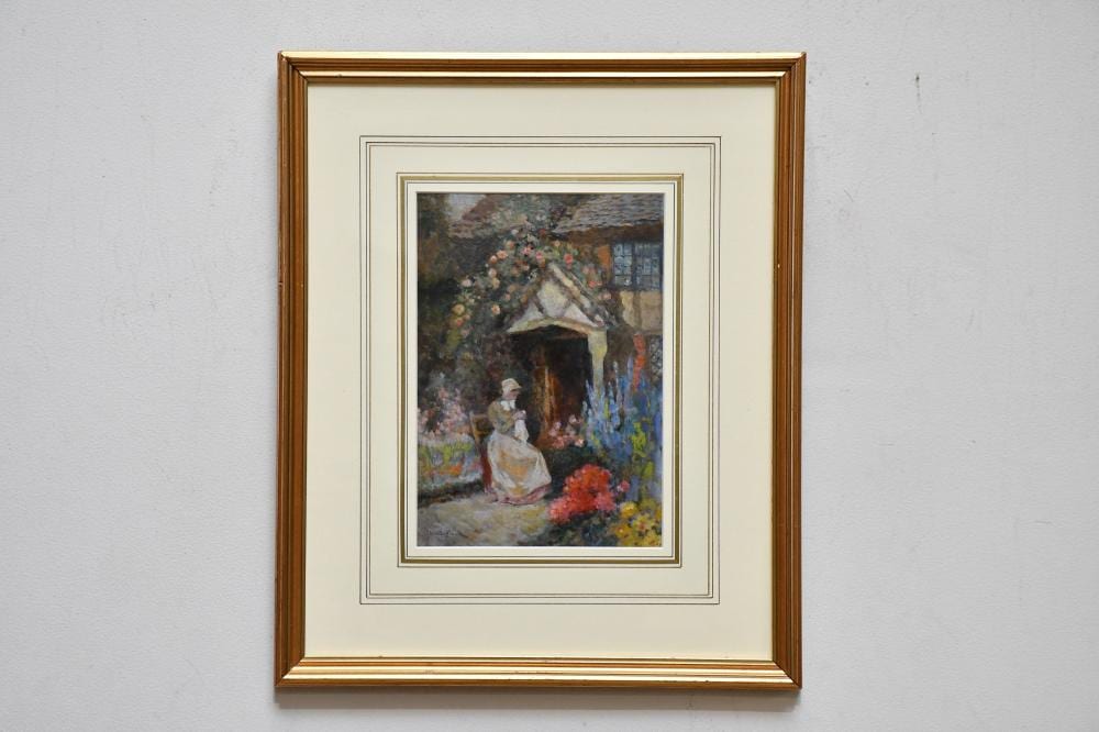 David Woodlock comparable auction result: david woodlock 1842 1929 watercolour girl beside cottage in garden scene signed 24 x 17cm framed and glazed