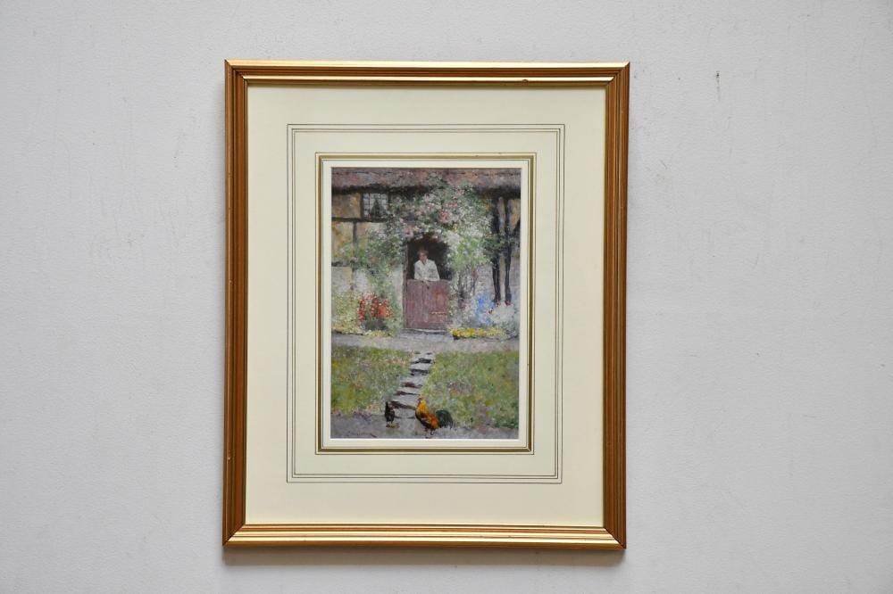 David Woodlock comparable auction result: david woodlock 1842 1929 gouache figure and cottage with cockerel signed 24 x 17cm framed and glazed