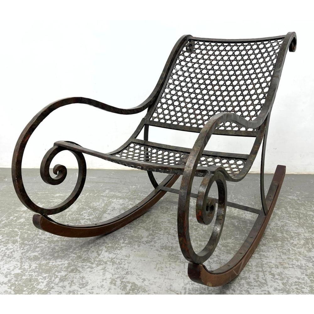 Alexander Harrison comparable auction result: metal modernist rocker rocking chair open weave seat and back wood rocker runners inspired by tho