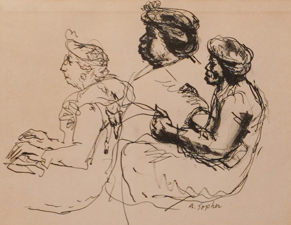 Aaron Sopher comparable auction result: aaron sopher american 1905 1972 study of women pen and ink on paper signed l r frame 14 1 2 x 16 in 36 8 x 40 6 cm