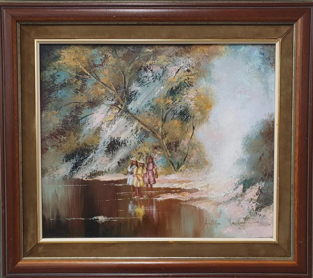 Anita Newman comparable auction result: anita newman australian 1946 beside the billabong oil on board signed lower right 37 x 44 cm framed 54 5 x 62 cm titled v