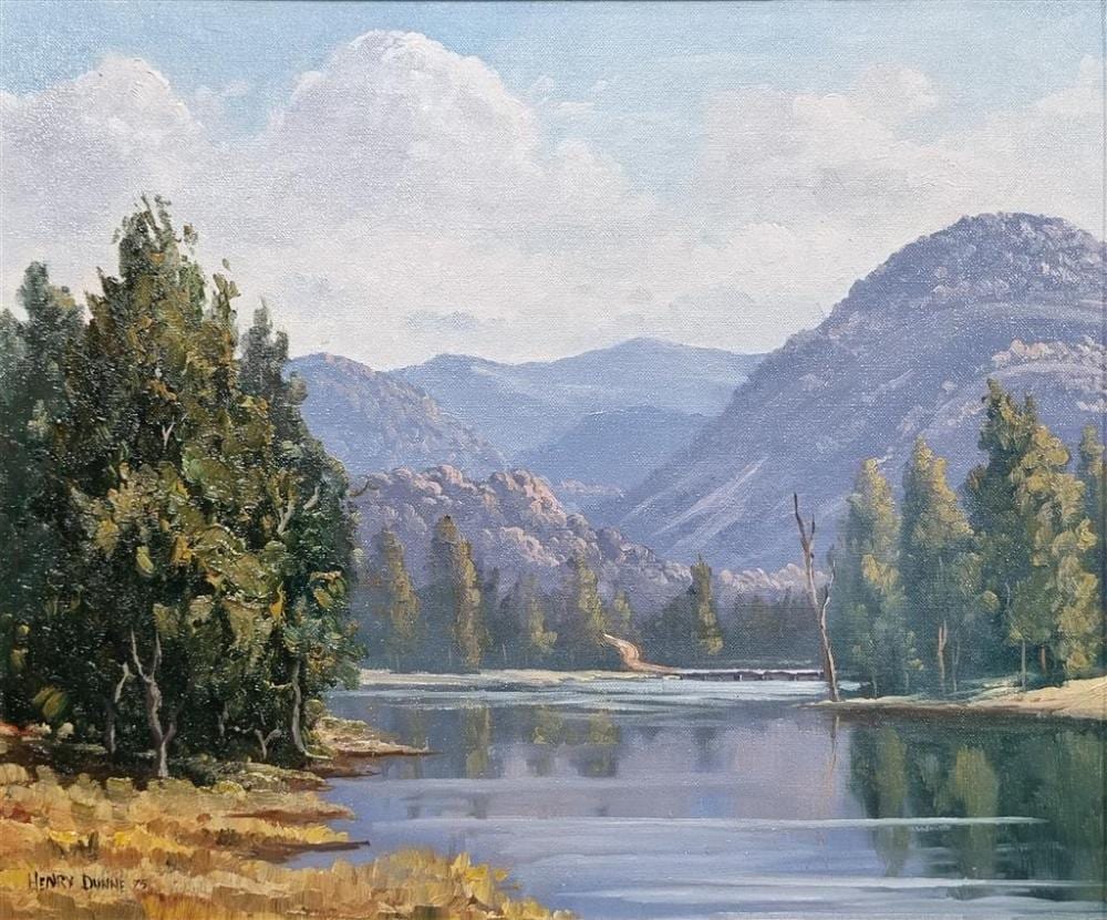 Henry Dunne comparable auction result: henry dunne australian 1931 the river 1975 oil on board signed lower left and dated 75 36 x 45 cm framed 47 x 55 cm tit
