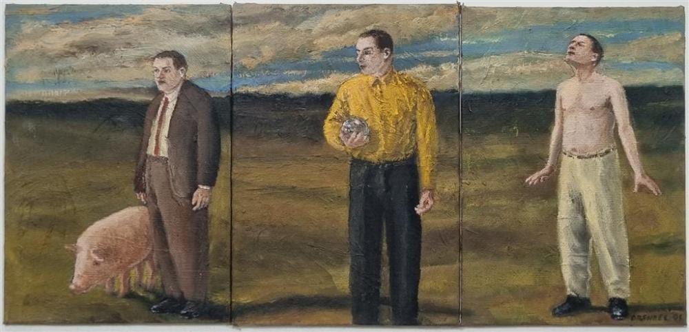 Graeme Drendel comparable auction result: graeme drendel australian 1953 men with troubled minds 2002 oil on three canvas boards signed and dated lower right 18 x