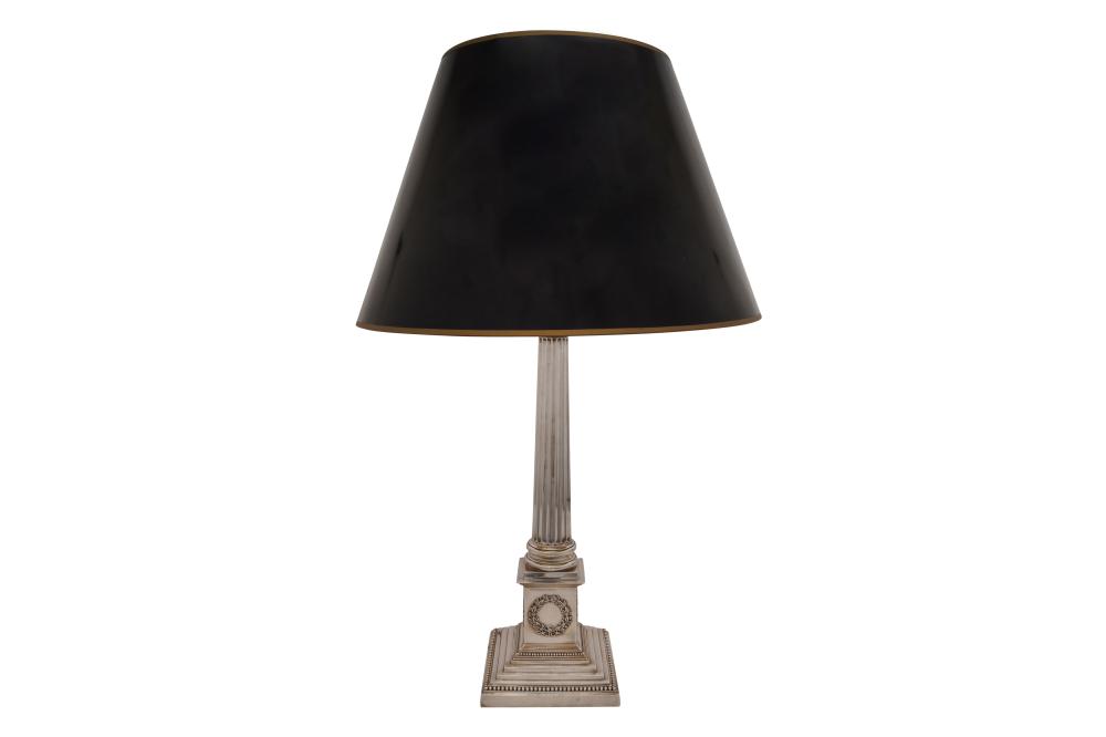 Auction comp thumbnail for A large Victorian sterling silver oil lamp stand converted to electric, Sheffield 1900 by Hawksworth, Eyre and Co Ltd (Chiswick Auctions, Lot 155)