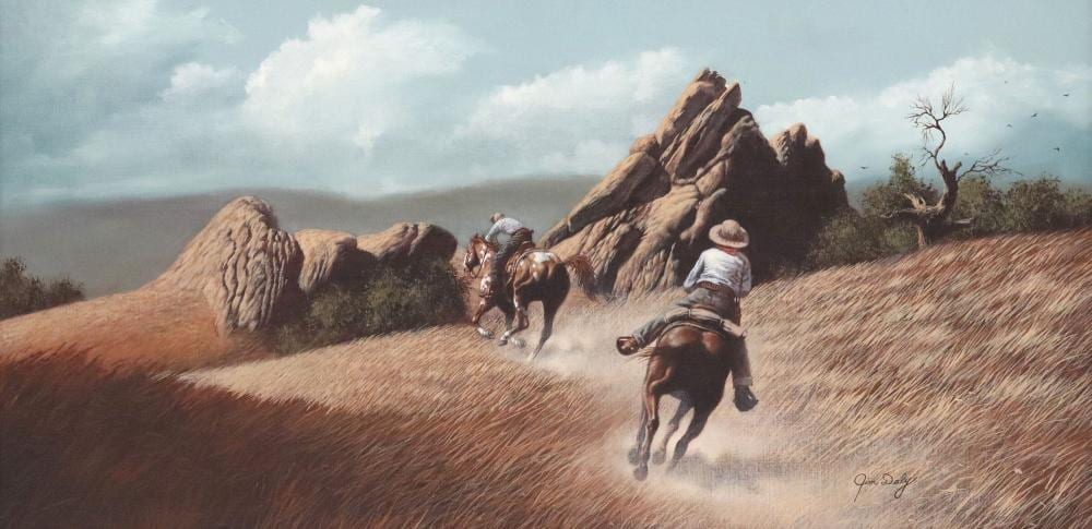 Jim Daly comparable auction result: jim daly b 1940 western painting riding high 18 x 36