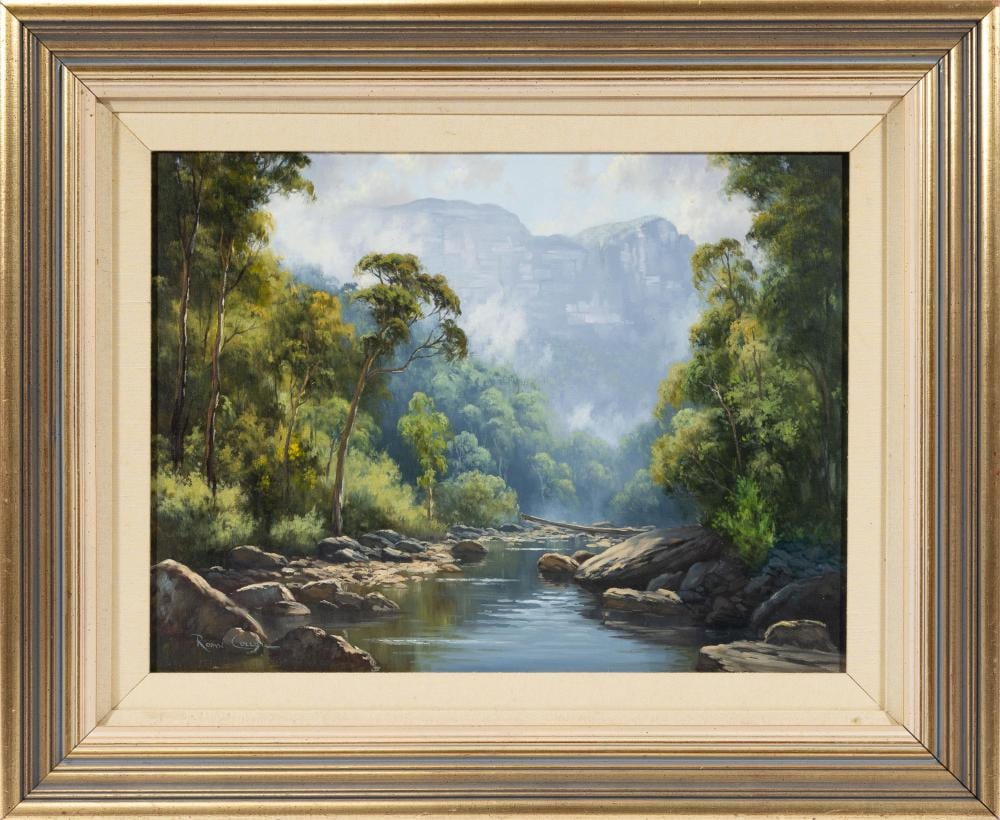 Robin Collier comparable auction result: robyn collier 1949 oil painting on masonite board rising mist the grose valley titled verso signed lower left h 39cm x w 49cm frame h 58cm x w 70cm