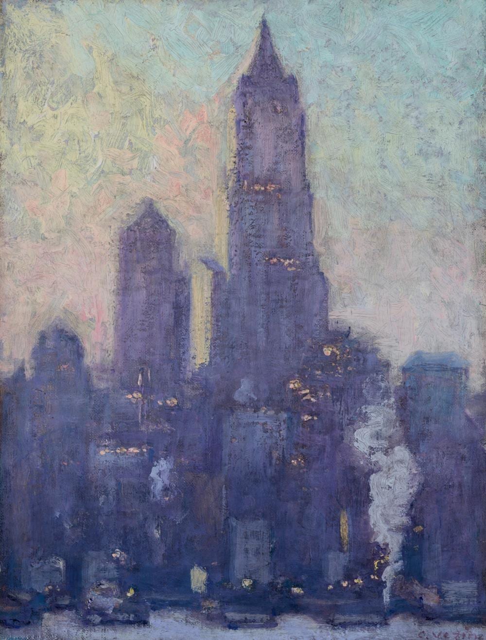 Charles Vezin comparable auction result: charles vezin 1858 1942 the first lights woolworth building oil on ca