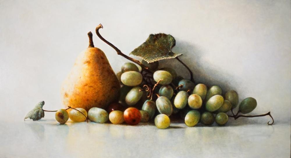James Del Grosso comparable auction result: james del grosso american b 1941 green grapes and pear oil on canvas 32 x 58 in 81 3 x 147 3 cm