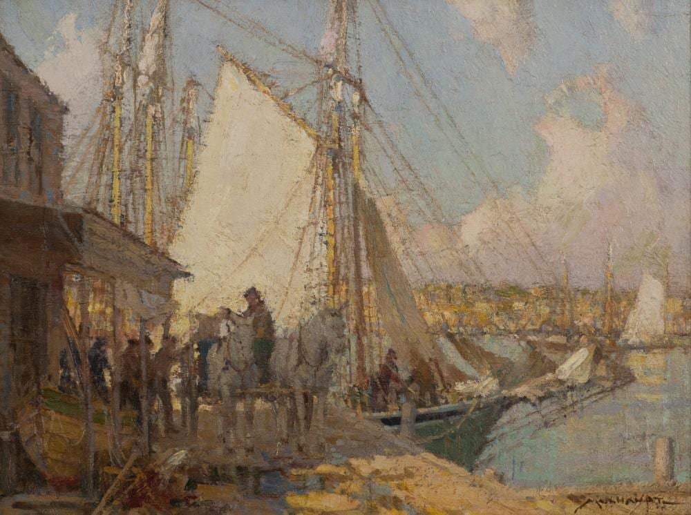 frederick john mulhaupt am 1871 1938 unloading the catch oil on canvas board on masonite framed · Barridoff Auctions · 2024-10-13 Frederick John Mulhaupt comparable auction result: frederick john mulhaupt am 1871 1938 unloading the catch oil on canvas board on masonite framed