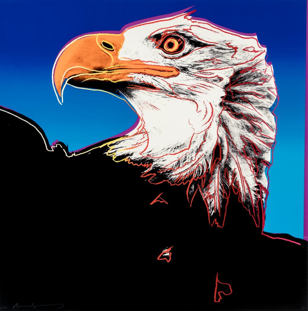 Pop art style portrait of a bald eagle head with orange beak and black-and-white feathers, outlined against a bright blue background.