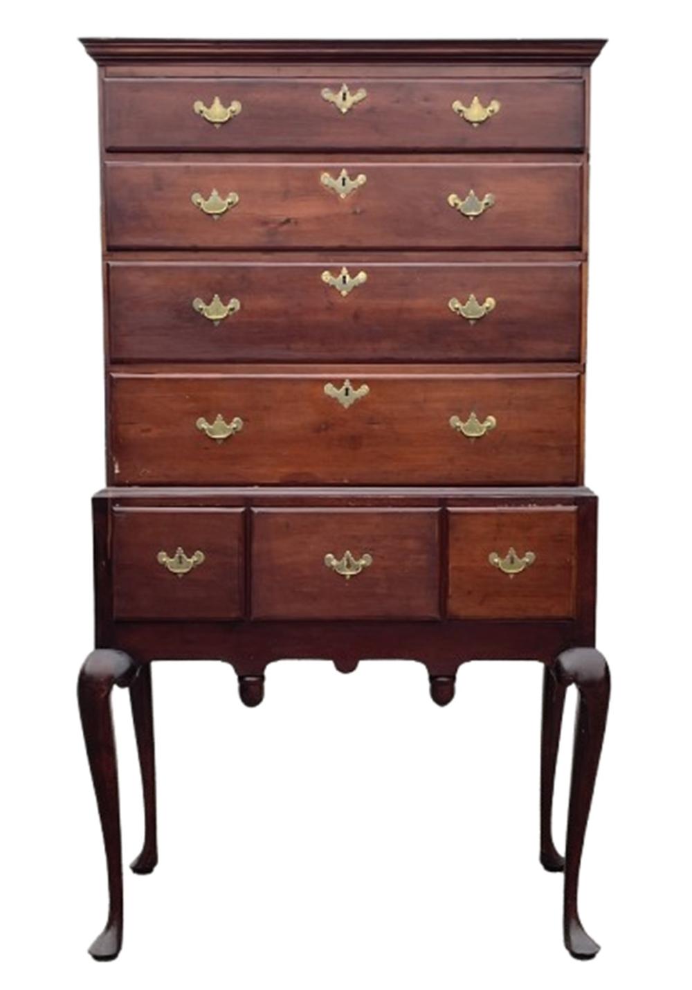 18TH C RHODE ISLAND QUEEN ANNE FLAT TOP HIGHBOY sold by D. L. Straight Auctioneers, lot 150E — auction record photograph