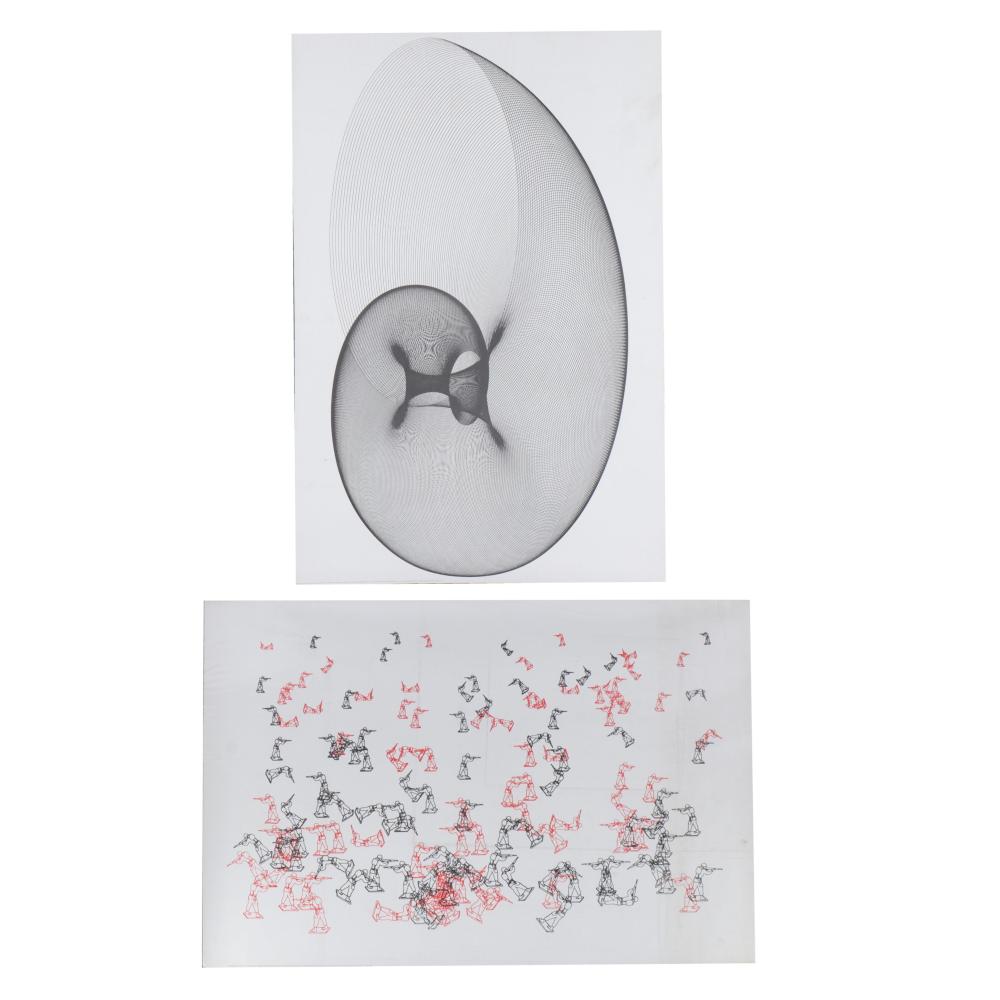 Two 20th c. Motif Editions lithographs: Kerry Strand (American, b. 1940), The Snail, 1968, and Charles Csuri (American, 1922 - 2022) and J Shaffer, Random War, 1967. 29 1/2”H x 20”W (one) sold by Ripley Auctions, lot 255 — auction record photograph