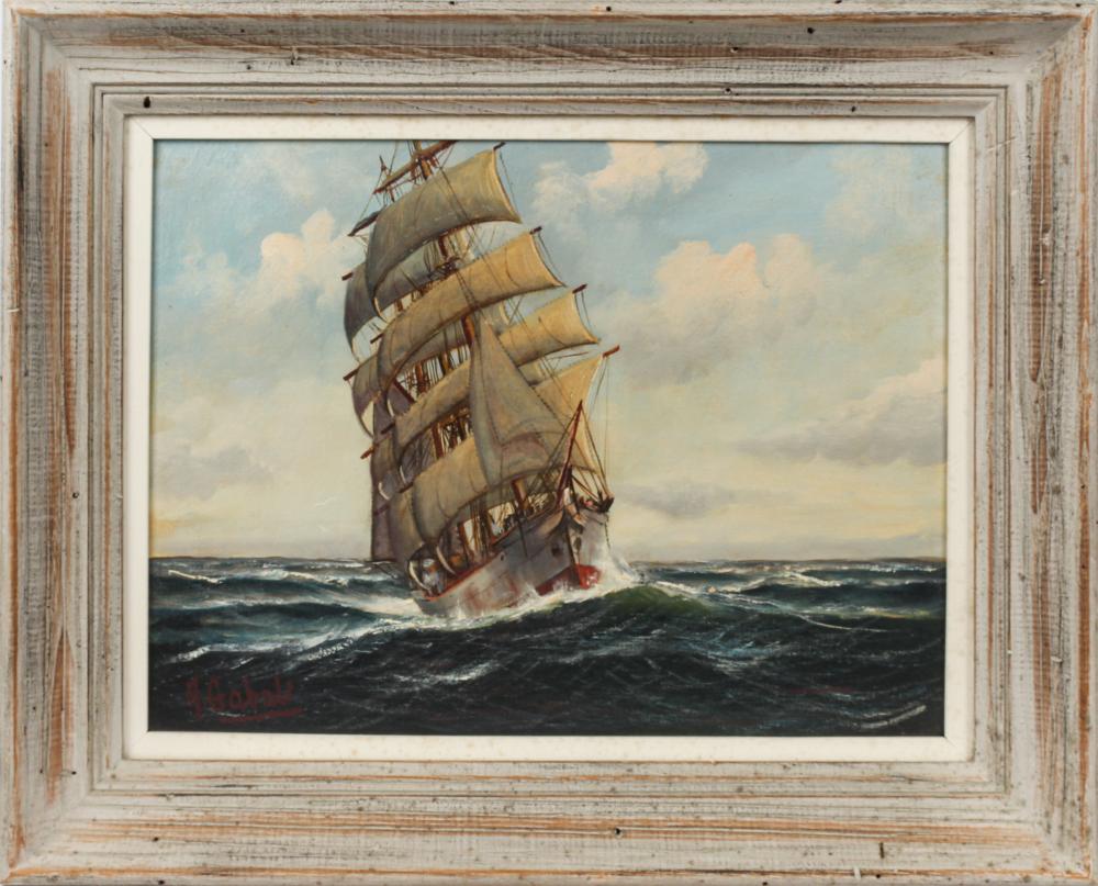 Alfred Gabali comparable auction result: alfred gabali american 1886 1963 cruising bark nautical oil painting 1958