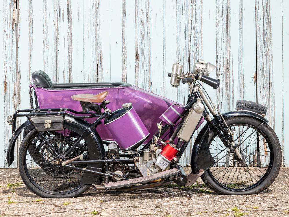 c.1915 Scott 3¾hp 532cc Two-speed Motorcycle Combination Frame no. 823 (see text) Engine no. 4129 sold by Bonhams, lot 296 — auction record photograph