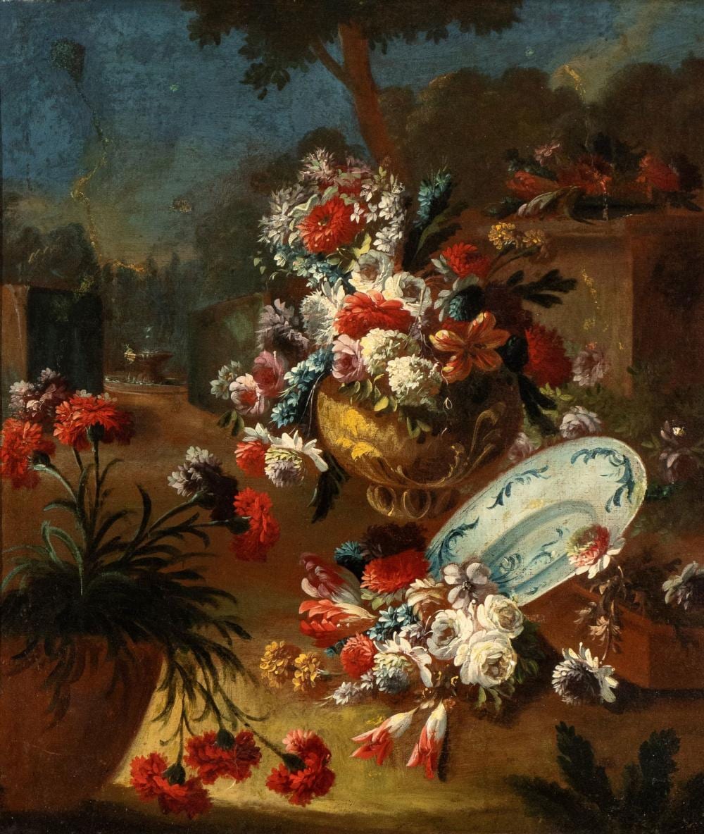 Gasparo Lopez comparable auction result: vasi di fiori e vasellame in un paesaggio
