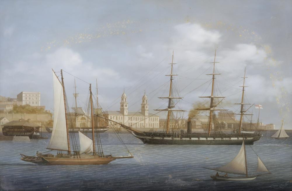 Louis Dodd comparable auction result: louis dodd british 1943 2006 the steam corvette hms challenger leaving the naval dockyard at ireland island bermuda during her voyage of exploration 1875 1876