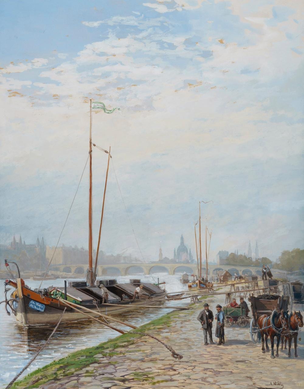 Albert Ernst Mühlig comparable auction result: albert ernst m hlig dresden kohlen zille an der augustusbr cke im hintergrund die frauenkirche wohl um 1900