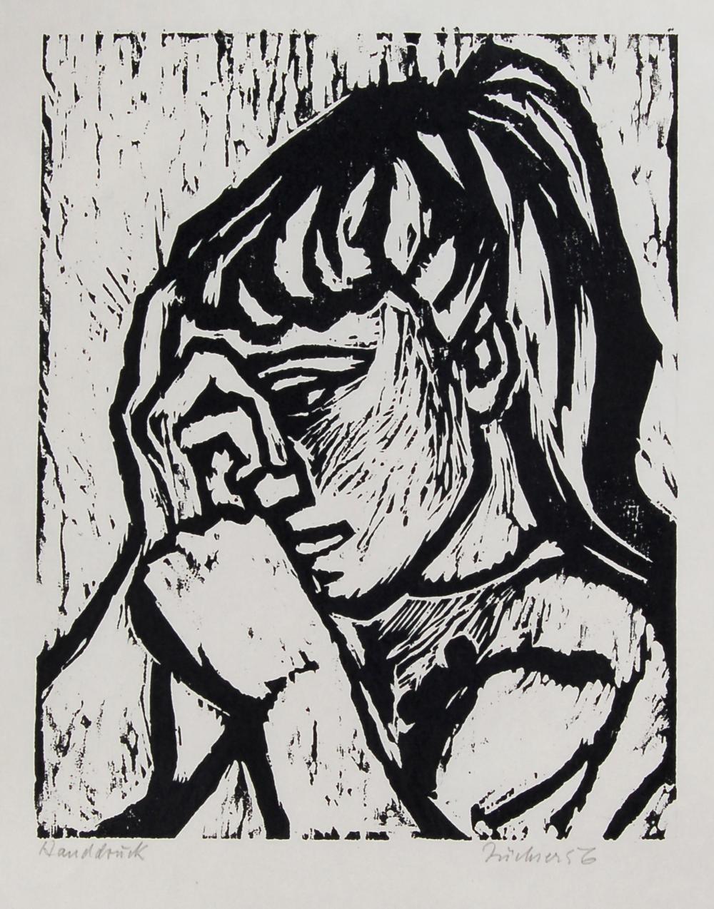 Hans Jüchser comparable auction result: hans j chser portrait eines m dchens mit aufgest tztem kopf 1956