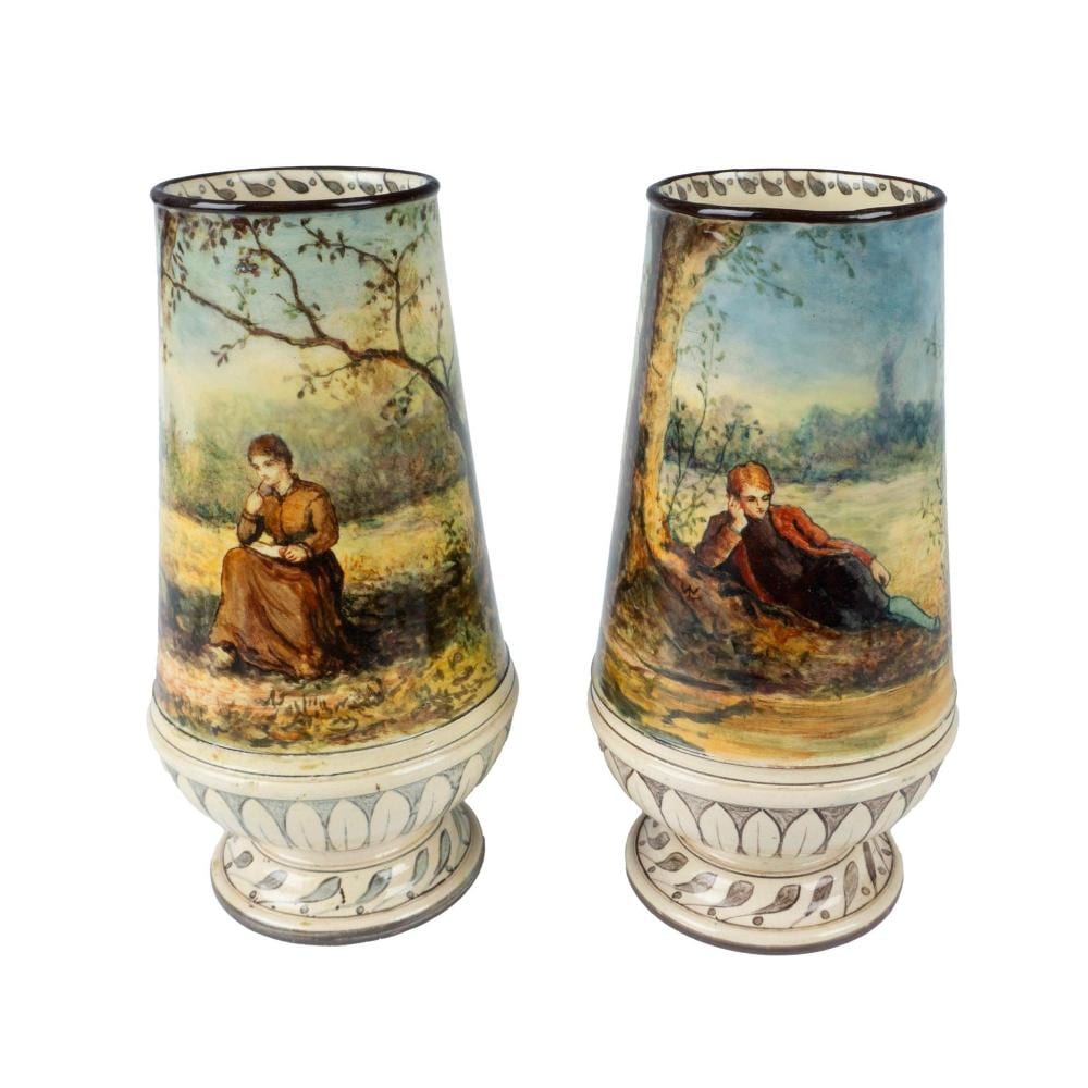 Linnie Watt comparable auction result: pair of doulton lambeth faience vases decorated by linnie watt