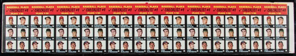 1968 Topps Plaks uncut strip of (11) Checklist American League #1 cards each featuring (6) Hall of Famers incl. Mantle. sold by Hunt Auctions, lot 46 — auction record photograph