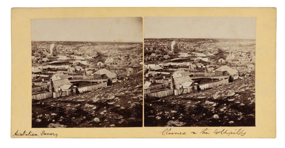[VICTORIAN GOLD MINING], stereoview card, CLUNES ON THE GOLDFIELDS, circa 1865, unknown photographer; with two albumen paper prints, each 70 x 72mm mounted on the original cream-coloured card with manuscript endorsement below "Australian Scenery. C sold by Leski Auctions Pty Ltd, lot 378 — auction record photograph