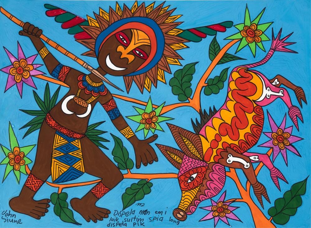 JOHN SIUNE, (1965 -), Hunter & Pig, 1992, acrylic on paper, 54.6 x 74.5 cm. (21 1/2 x 29.3 in.), frame: 69 x 89 x 2 cm. (27.1 x 35.0 x 0.7 in.) sold by Lawsons, lot 8002 — auction record photograph