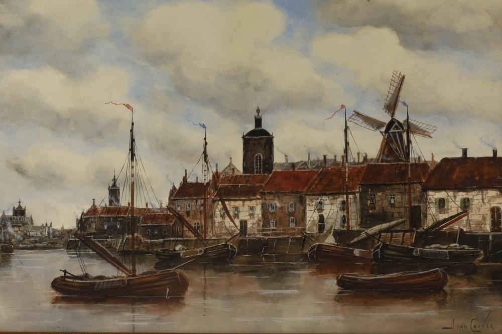 Jan van Couver comparable auction result: jan van couver watercolour dutch harbour scene