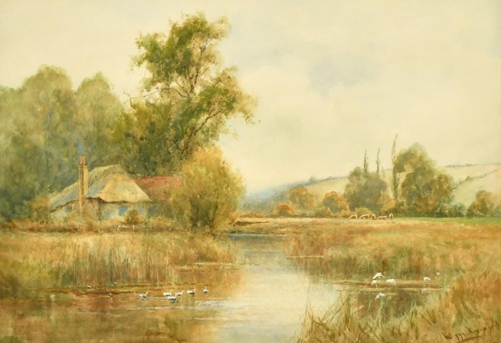 wiggs kinnaird 1870 1930 british an extensive river landscape with a house ducks on the river and cattle g · John Nicholson's Fine Art Auctioneers & Valuers · 2024-10-15 Wiggs Kinnaird comparable auction result: wiggs kinnaird 1870 1930 british an extensive river landscape with a house ducks on the river and cattle g