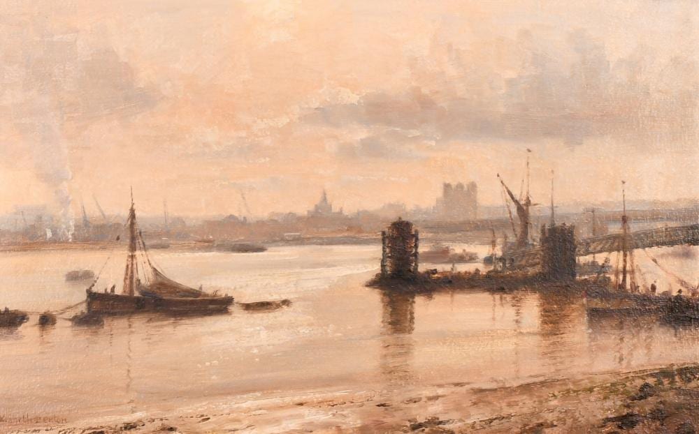 Kenneth Denton comparable auction result: kenneth denton b 1932 winter sunlight rochester a river landscape view oil on board signed inscribe