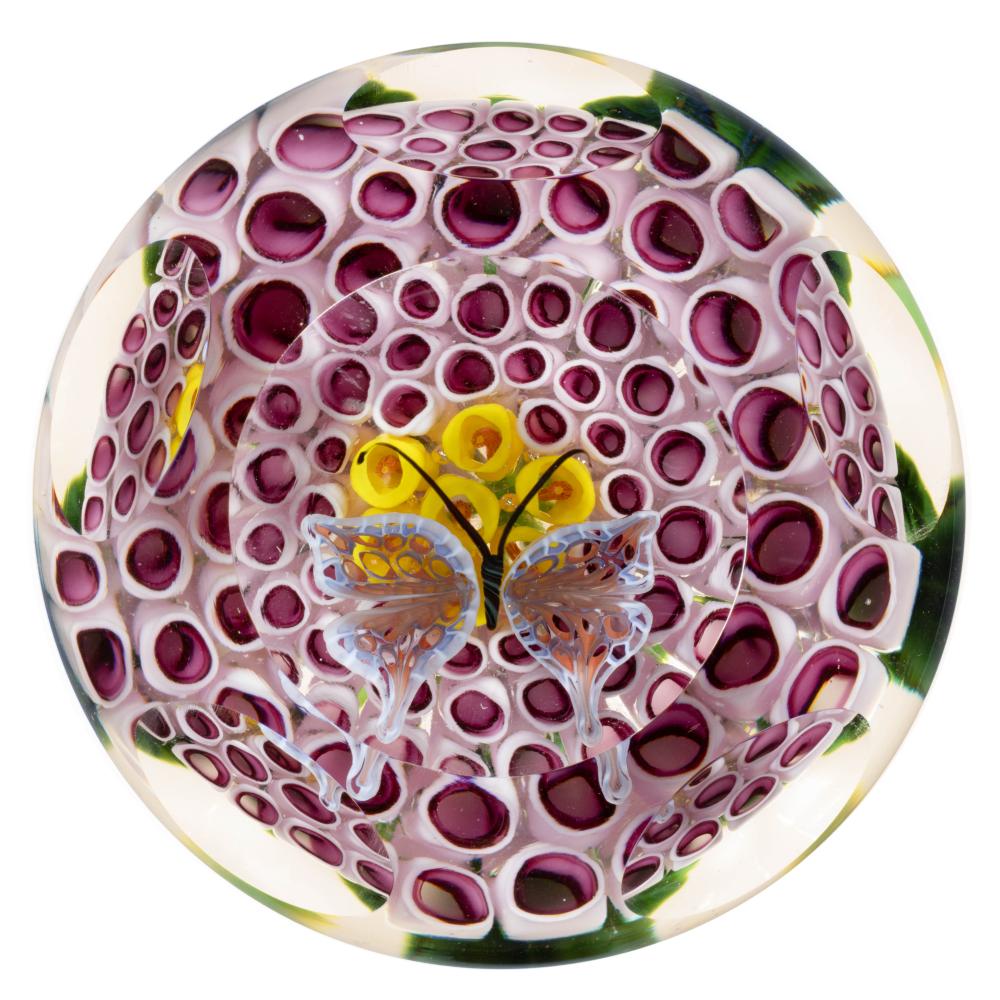 STEVEN LUNDBERG (AMERICAN, 1953-2008) BUTTERFLY AND MILLEFIORI STUDIO ART GLASS PAPERWEIGHT sold by Jeffrey S. Evans & Associates, lot 349 — auction record photograph
