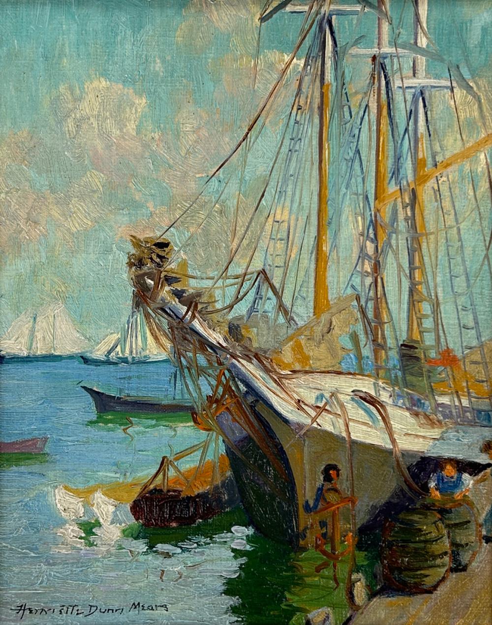 Henrietta Dunn Mears comparable auction result: henrietta dunn mears 1877 1970 boat at wharf oil on upsom board 10 x 8 16 x 14 framed