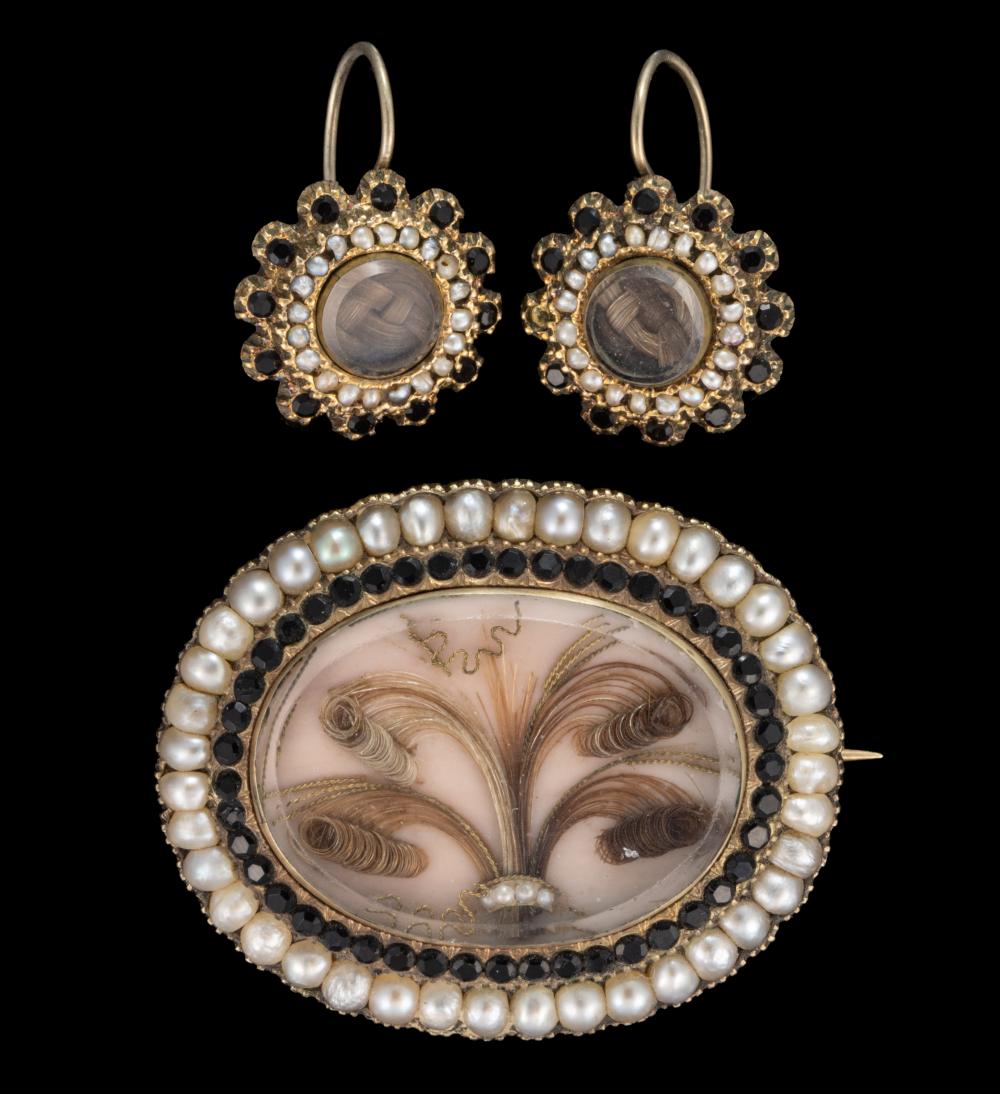 GEORGIAN / VICTORIAN GOLD / GOLD-FILLED HAIR-WORK MOURNING JEWELRY, LOT OF THREE PIECES sold by Jeffrey S. Evans & Associates, lot 2182 — auction record photograph