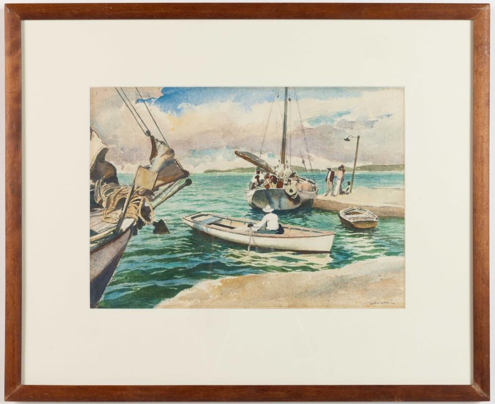 Gerald Leake comparable auction result: gerald leake english american 1885 1975 wharf scene with boats and figures