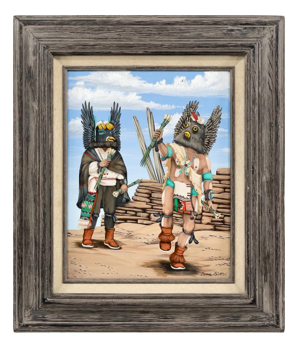 Duane Dishta comparable auction result: duane dishta great horned owl crow kachina dancer acrylic on canvas