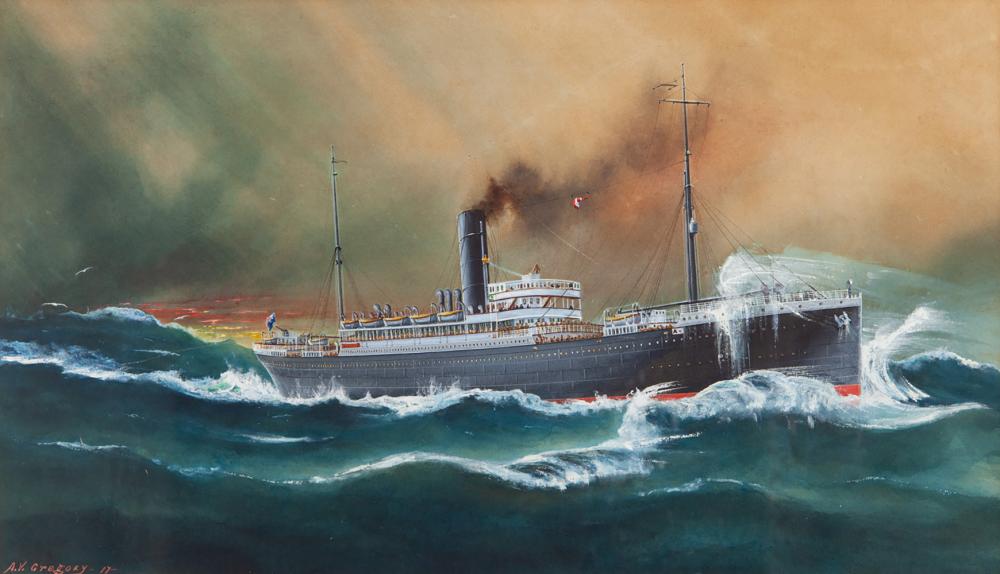 Arthur V. Gregory comparable auction result: arthur victor gregory troopship euripedes of the leeuwin with returning troops watercolour and gouache